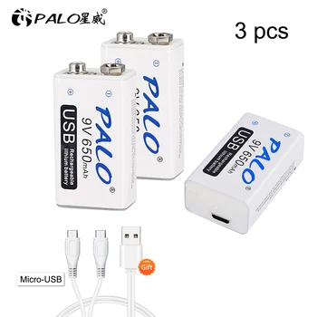 PALO 9V 6F22 USB Аккумуляторная Батарея 9 Вольт 650 мАч литий-ионный литий-ионный Умный Аккумулятор Для Быстрой Зарядки + Usb-кабель