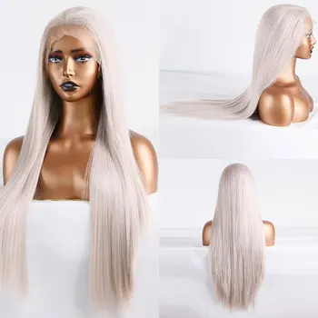 Бесклеевой синтетический Парик на кружеве Спереди Платиново-серый С прямыми Термостойкими волокнистыми волосами, предварительно выщипанными по естественной линии роста волос для женских париков
